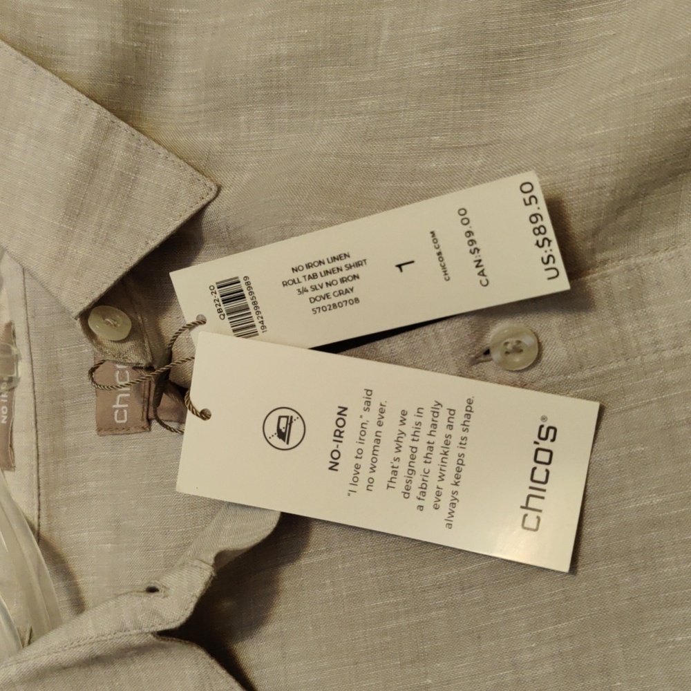 Chico’s No-Iron 100% Linen Roll Tab 3/4 Sleeve Button down shirt in dove grey - Picture 9 of 11